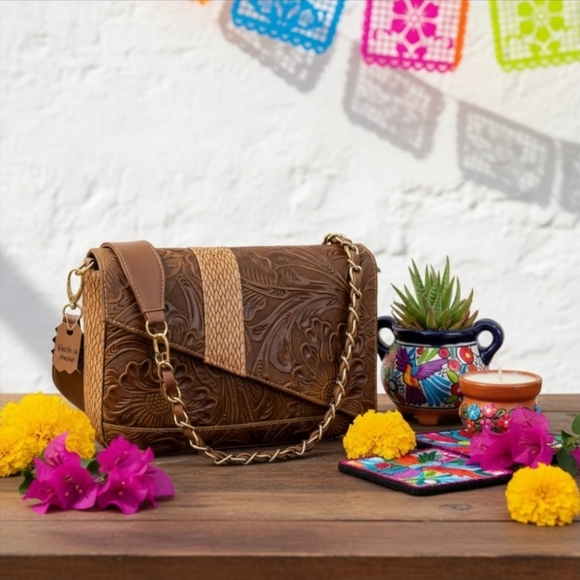 Handmade Handbags - 2 Straps Hazelnut Brown Embossed Tooled Artisan LEATHER Crossbody Purse Bolsa
